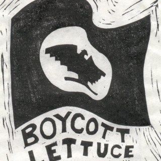 BOYCOTT LETTUCE HUELGA FLAG 1973 (Linocut: 7\" x 5\")