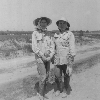 Amelia G. Barrera & Maria B. Garza dressed for  tomato harvesting in Vernalis CA 1965.